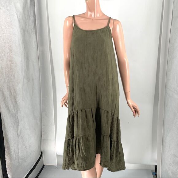 Drew NWT Size L Olive Green Gauzy Adjustable Spaghetti Strap Dress - Picture 1 of 9